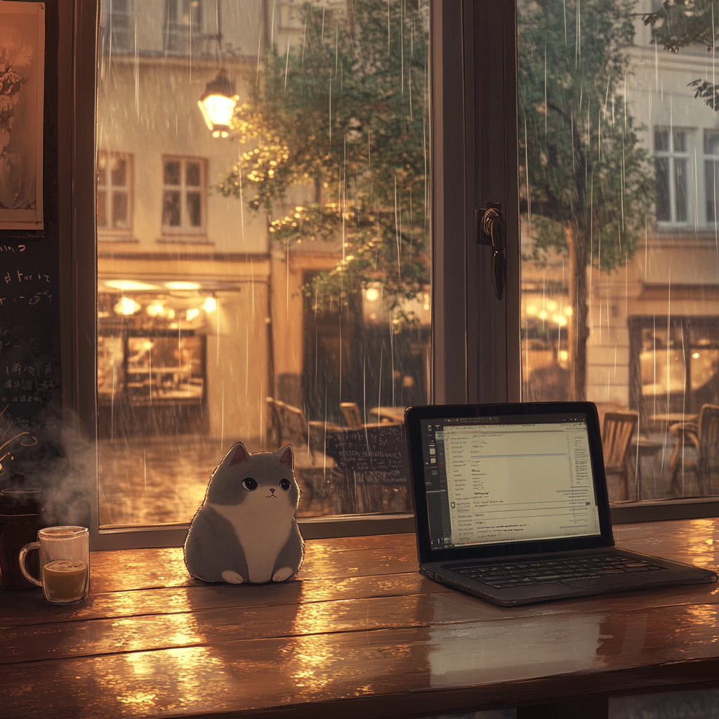 Cozy Vienna café with Ghibli atmosphere, rainy day view.