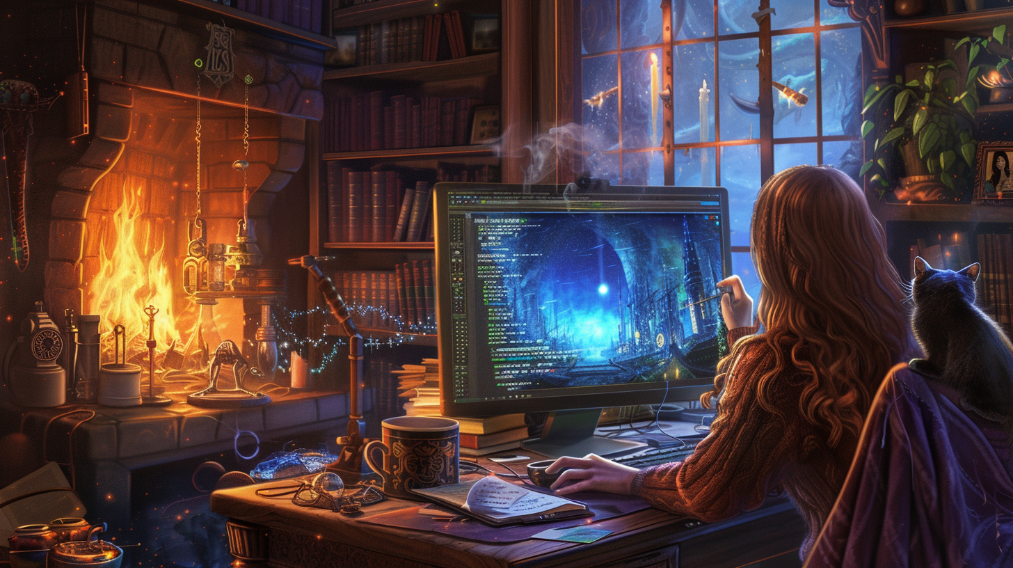 Fantasy Writer in Cozy Witch Laboratory with Magical Atmosphere