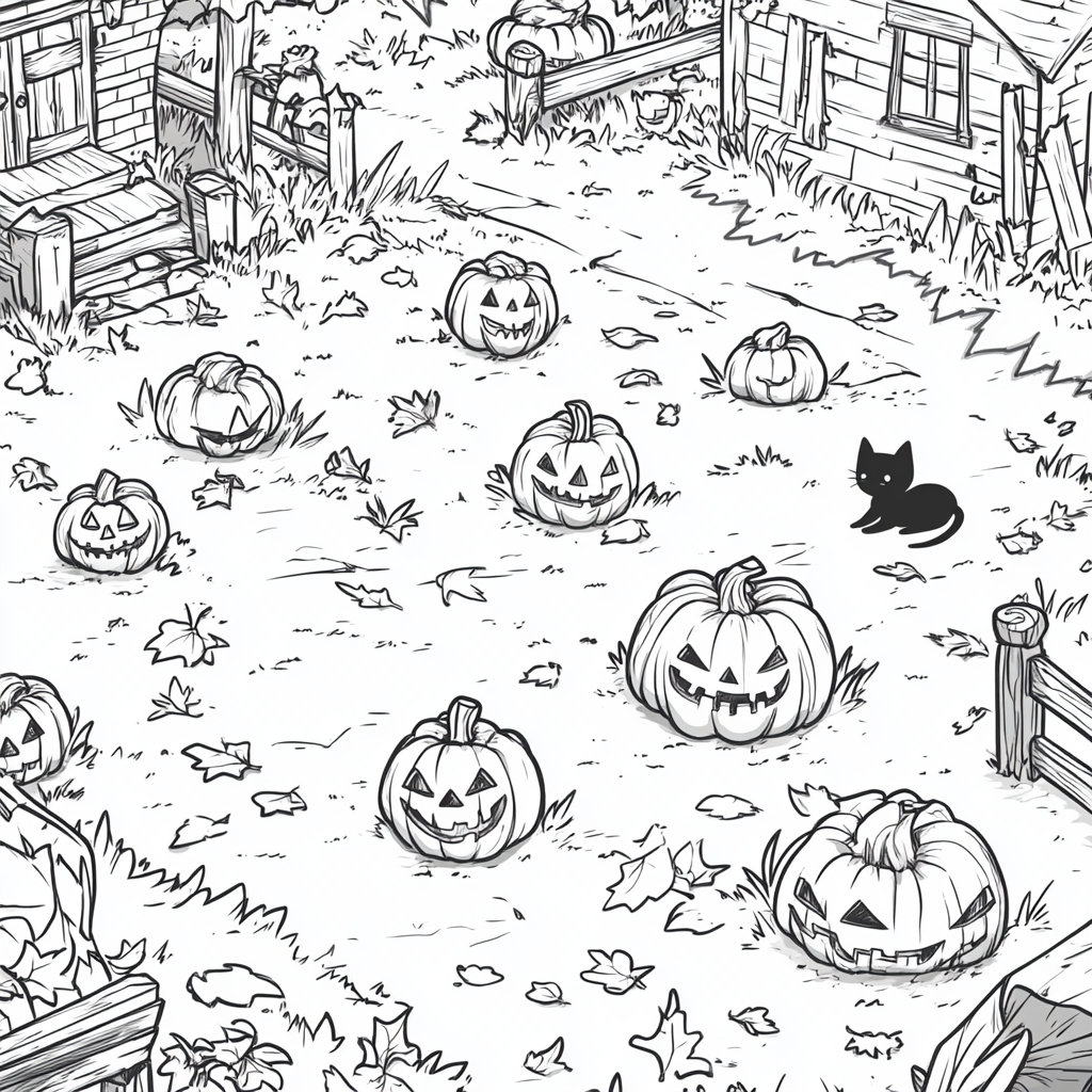 Cozy and cute pumpkin patch with jack-o'-lanterns.