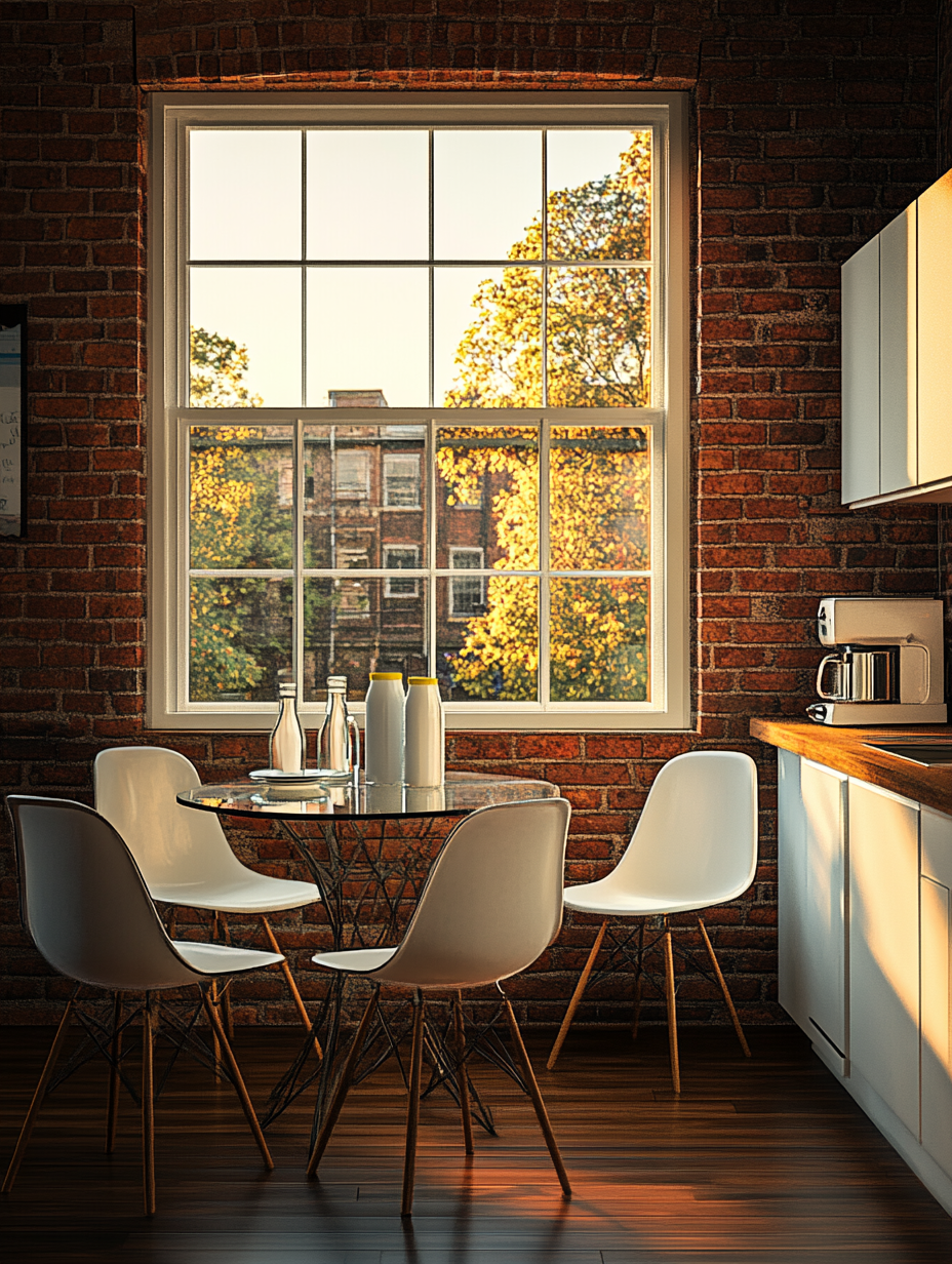 Cozy apartment kitchen with wooden floor and glass table