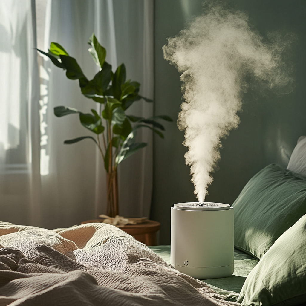 Cozy bedroom with air purifier and plant