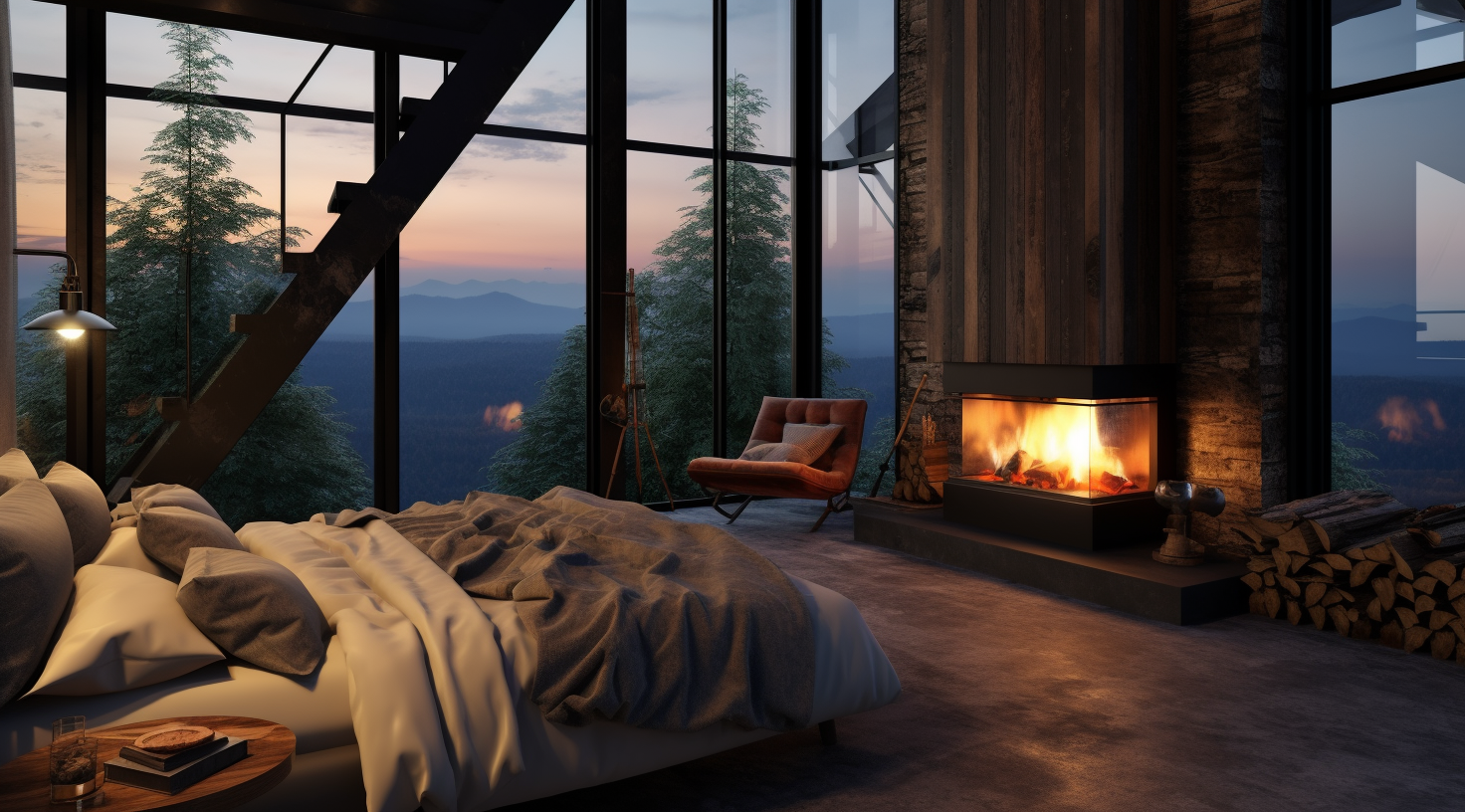 Cozy bedroom with fireplace, large windows, mountains view.