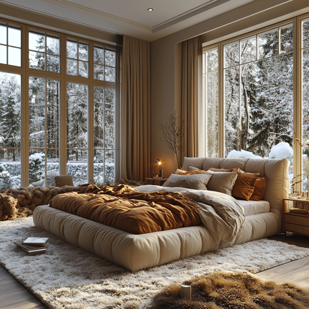 Cozy bedroom with messy bed and snowy view