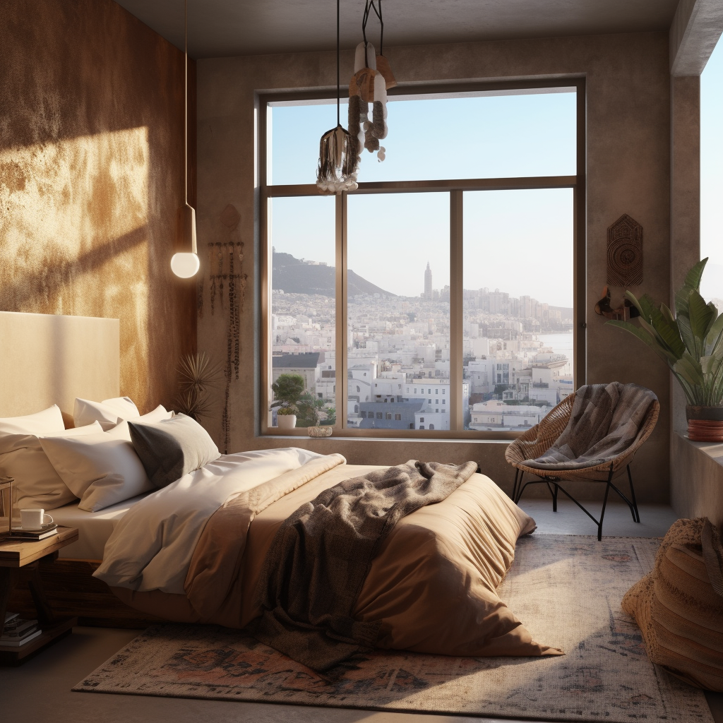 Cozy bedroom with panoramic view of Mediterranean city