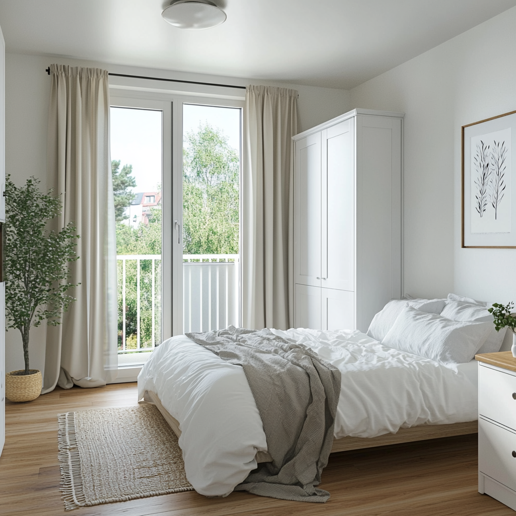 Cozy bedroom with white walls, wooden floor, natural light