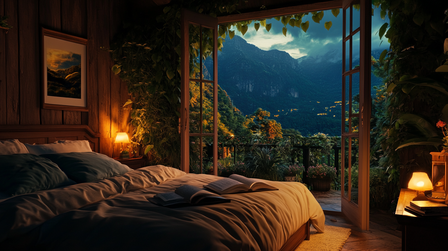 Cozy bedroom with wooden bed and warm lamps outside night.