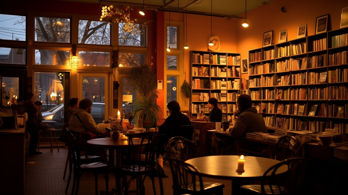 Cozy bookstore café with jazz music ambiance.