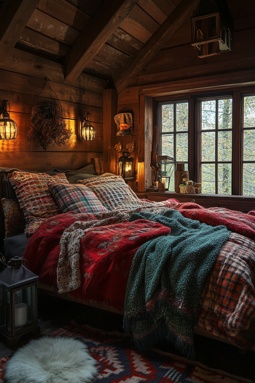 Cozy cabin bedroom with luxury bed and woodland decor.