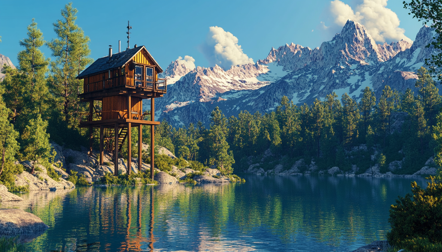 Cozy cabin on alpine lake with science equipment.