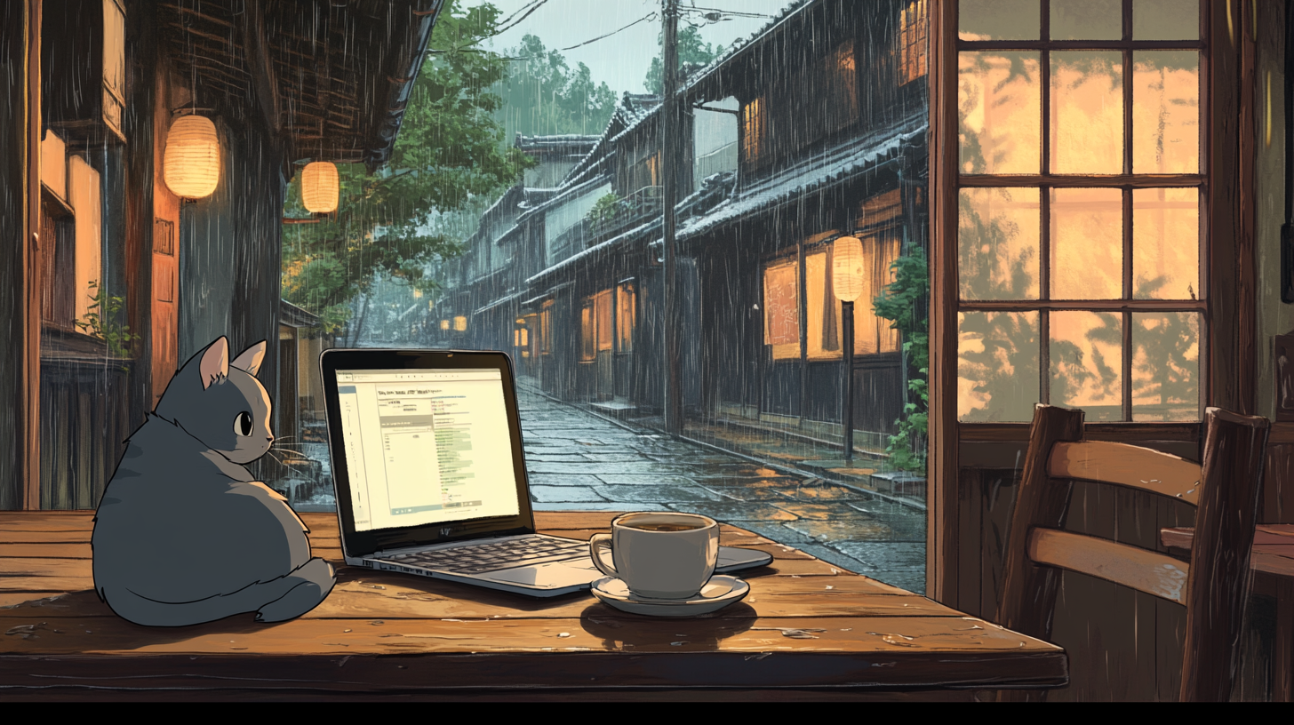 Cozy café in Kyoto with Munchkin cat and laptop.