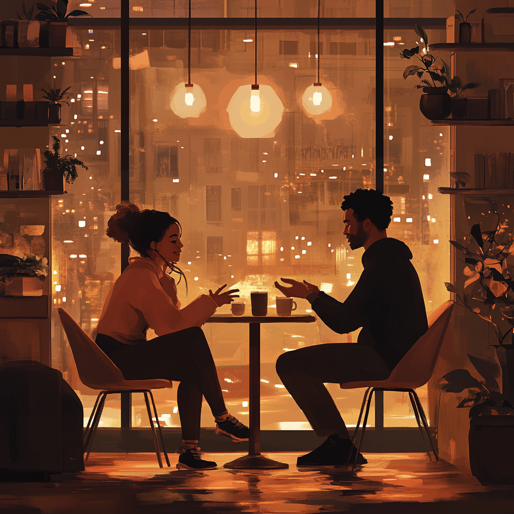 Cozy café setting with two people in conversation.