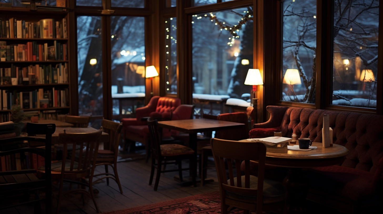 Cozy café with books, candles, snow, twinkling lights.