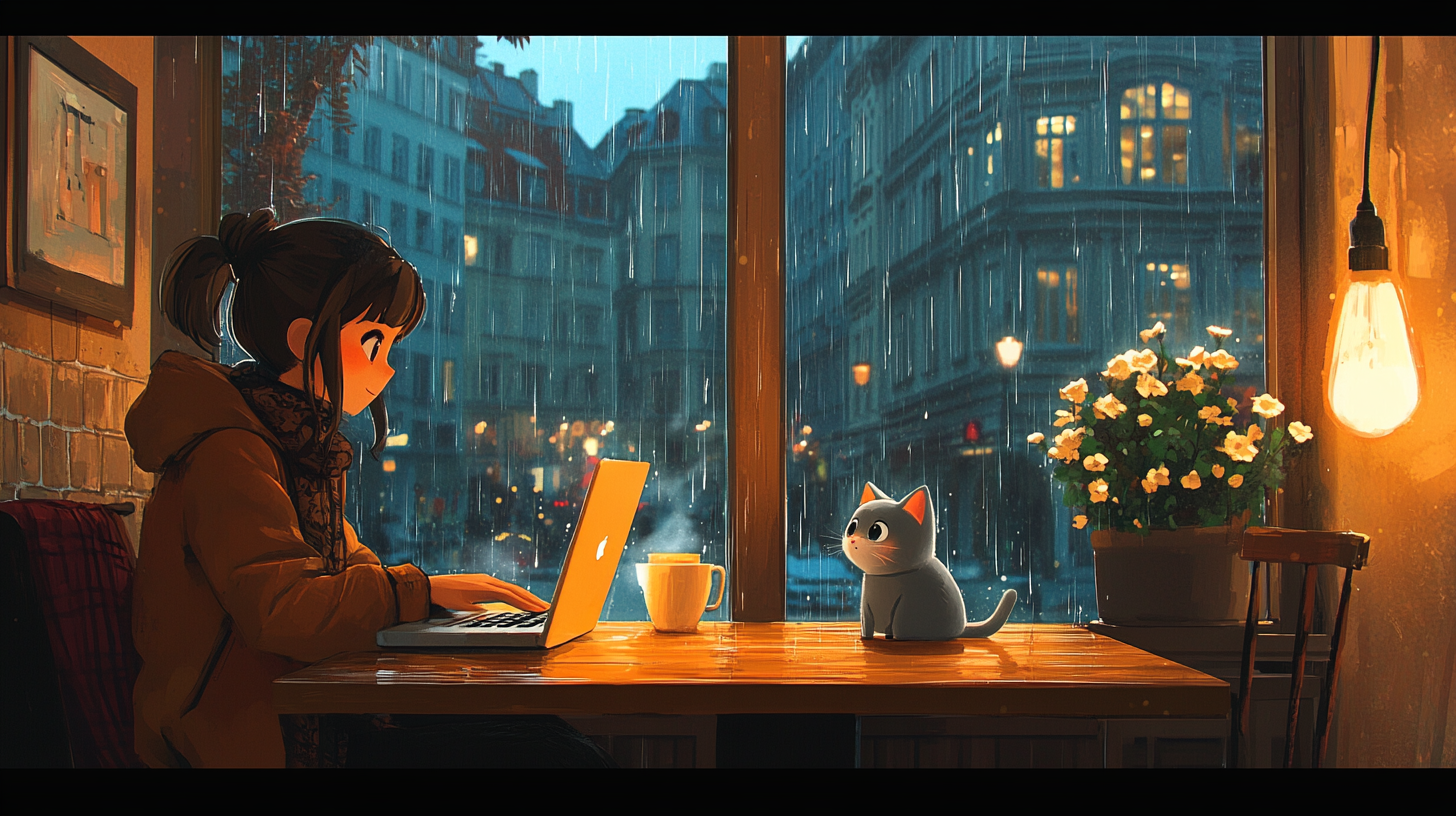 Cozy café with rainy day view, cute cat companion.