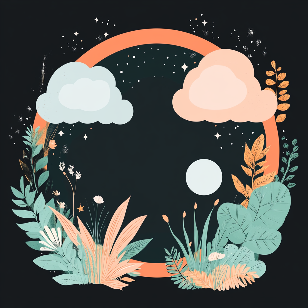 Cozy cartoon design with warm tones, abstract clouds and plants.