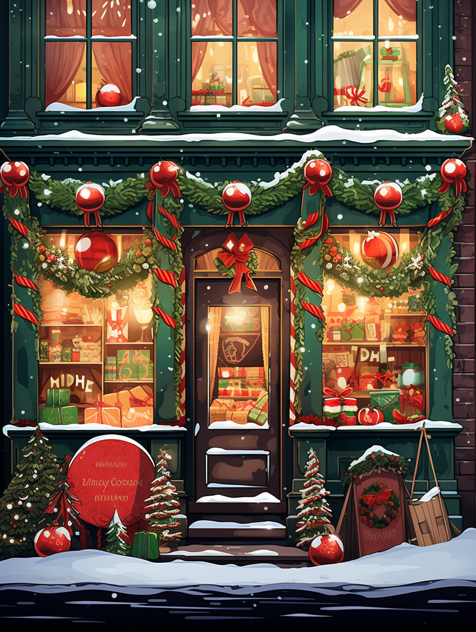 Cozy chocolate shop with snowy Christmas decor.