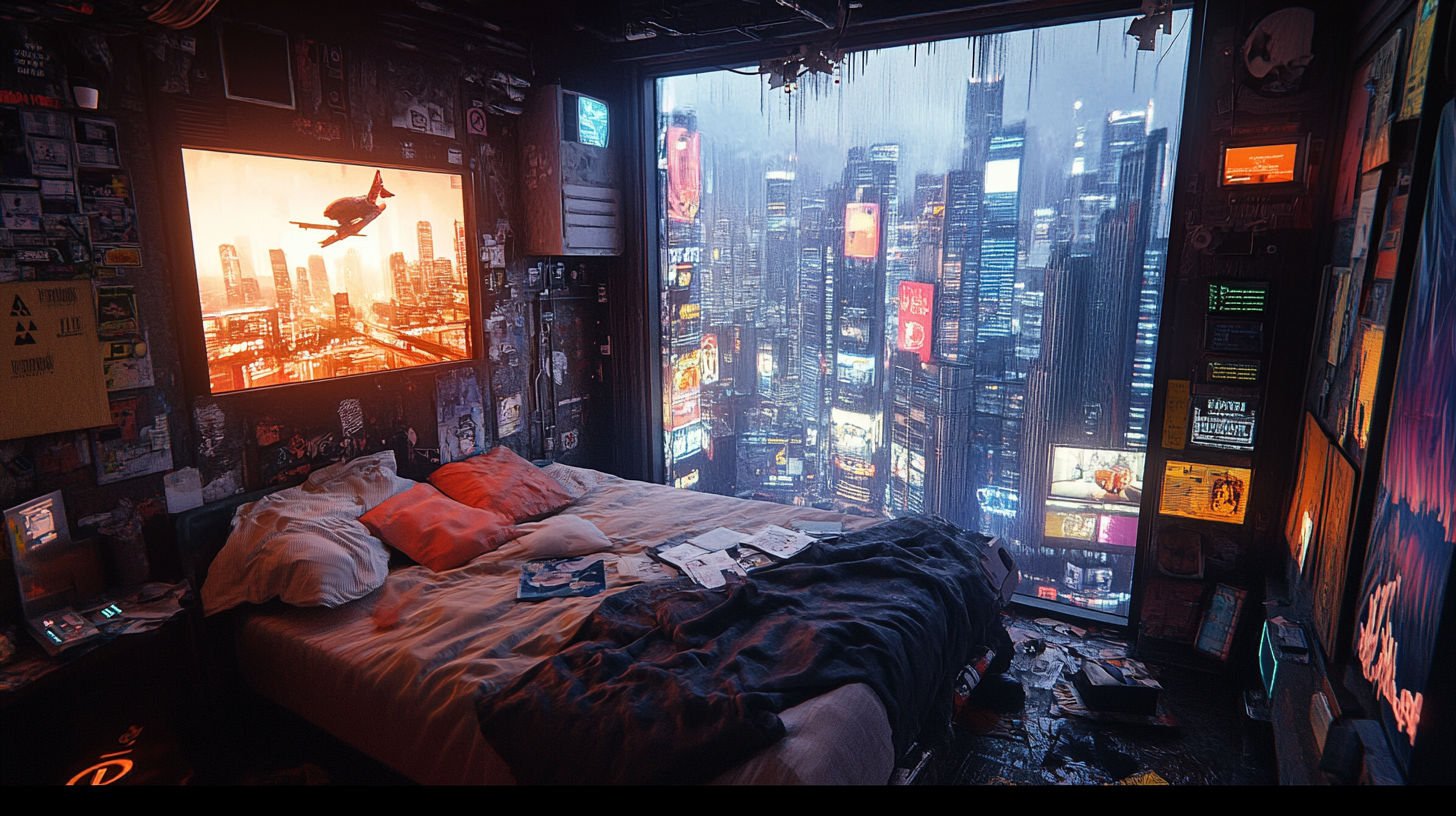 Cozy compact bedroom with cyberpunk city view outside window.