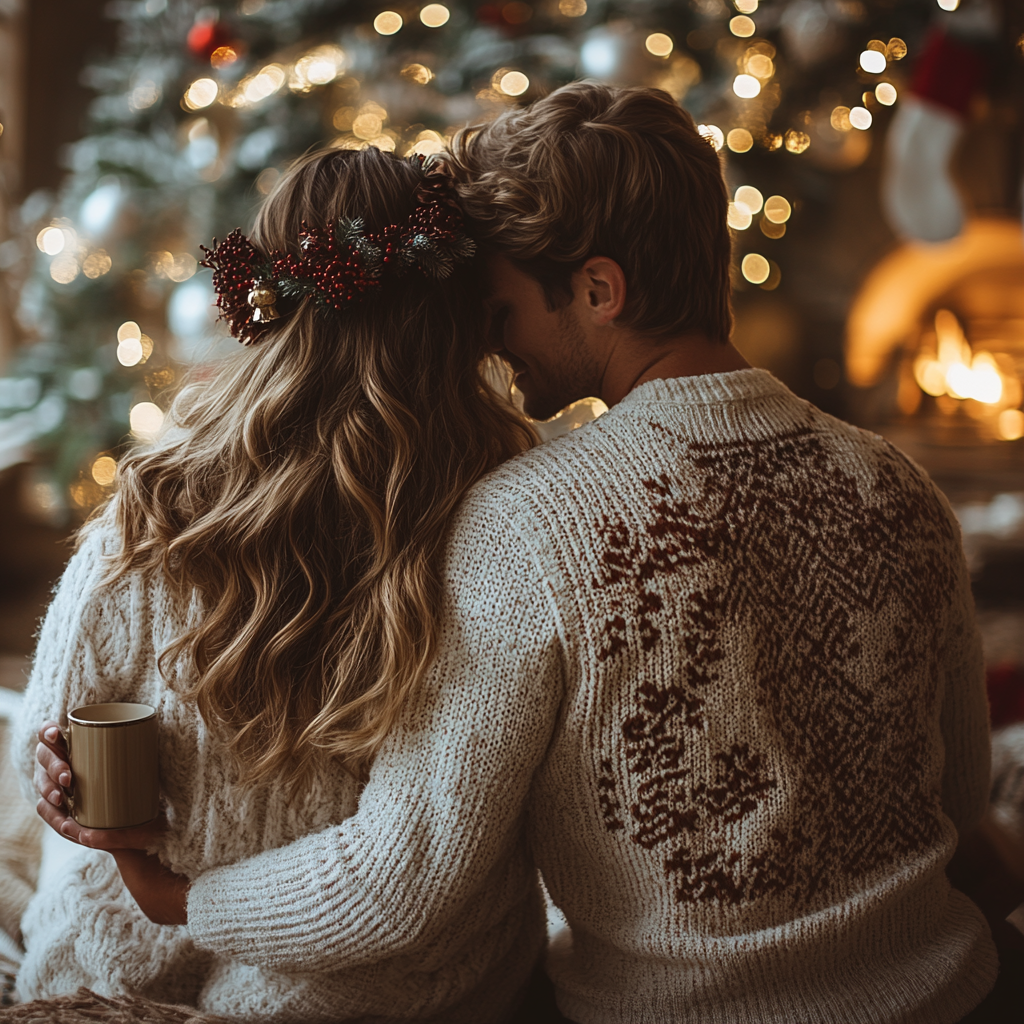 Cozy couple holding mugs by fireplace in Christmas setting