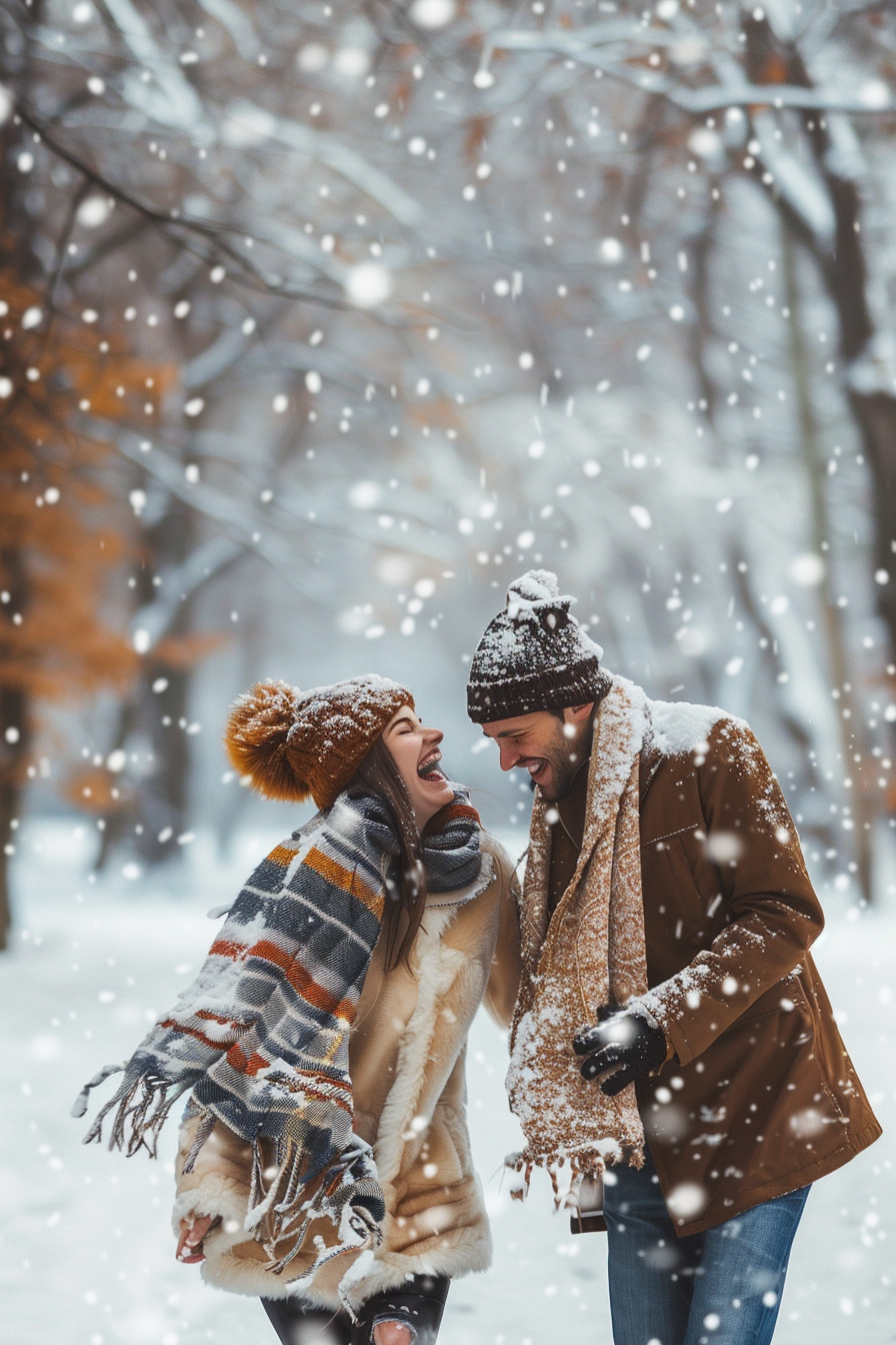 Cozy couple walk in snowy park, playing and laughing.