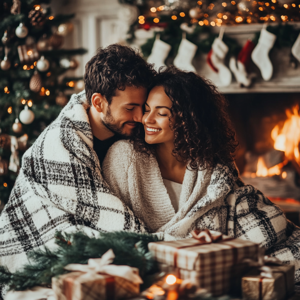 Cozy couple wrapped in plaid blanket by fireplace at Christmas