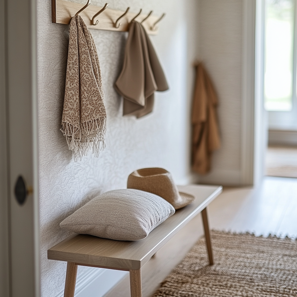 Cozy entryway with white wall, coat rack, scarf.