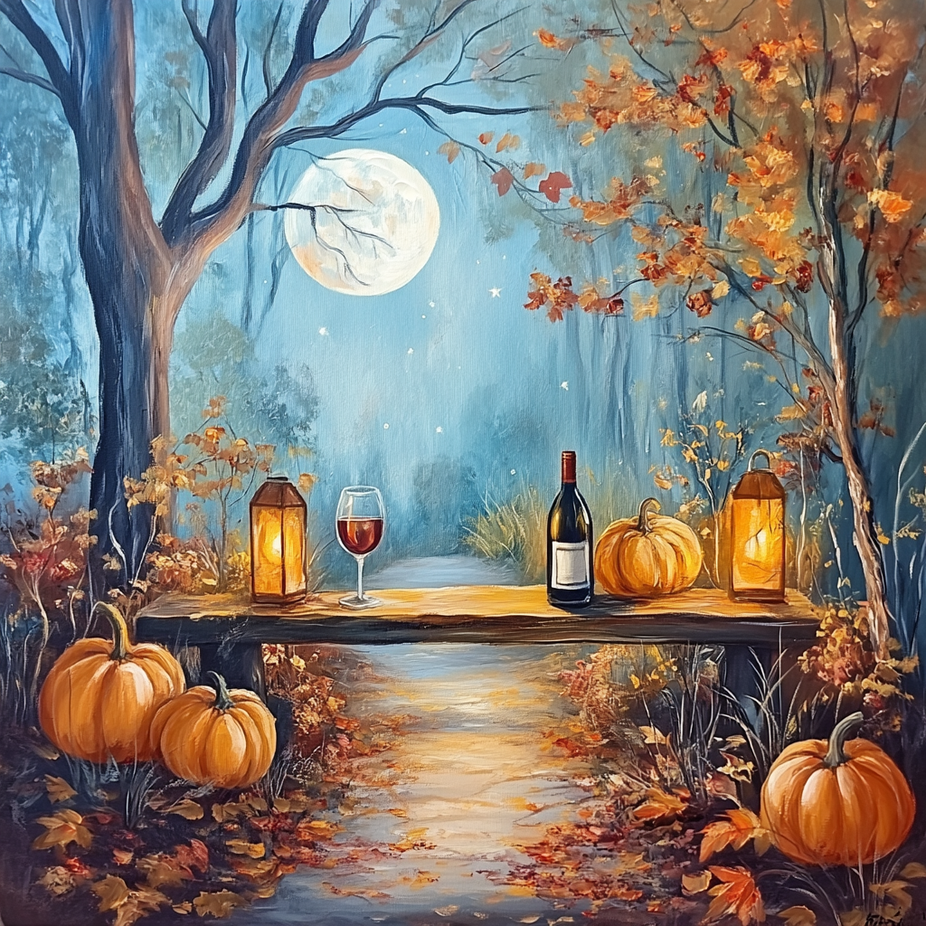 Cozy fall painting in woods with lanterns, pumpkins.