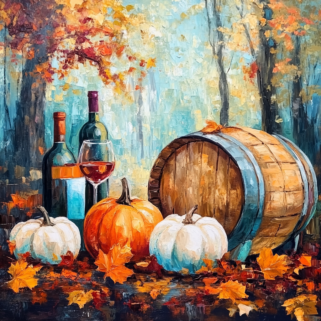 Cozy fall painting with pumpkins, wine, forest setting.