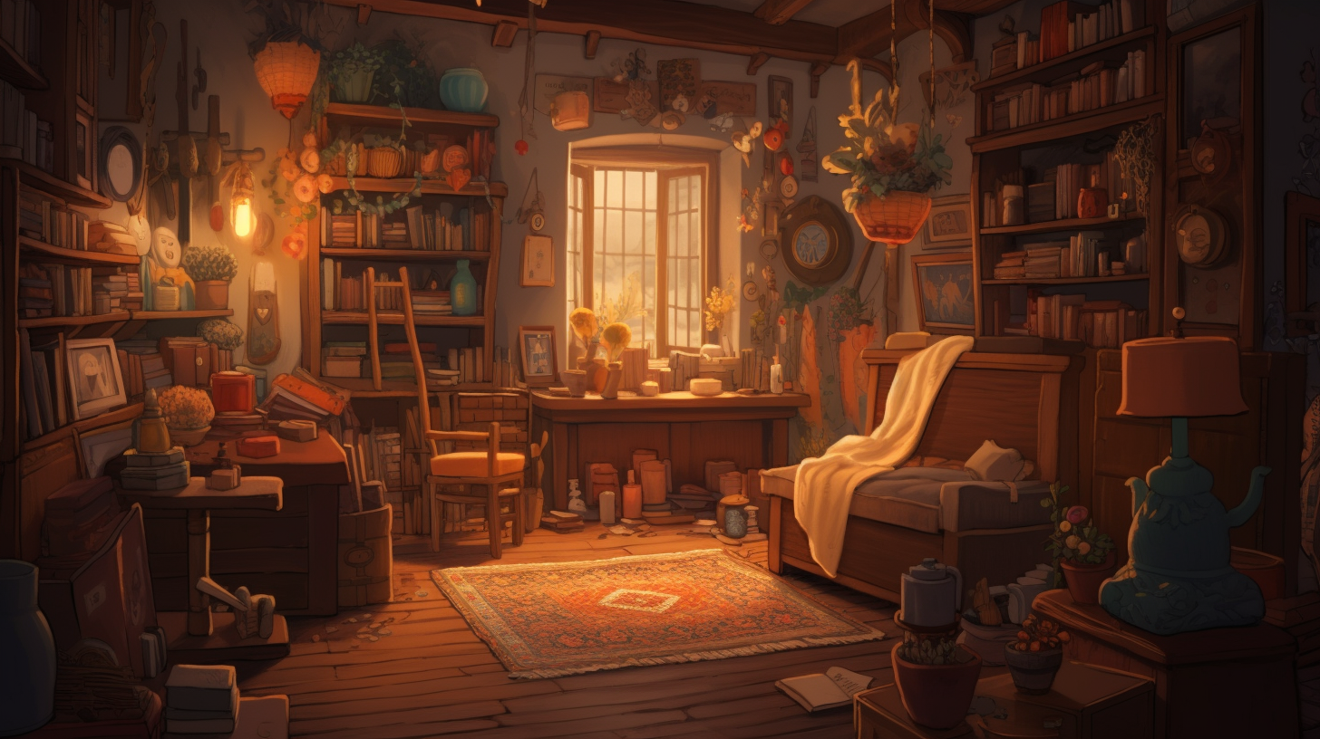 Cozy fantasy studio with whimsical art supplies