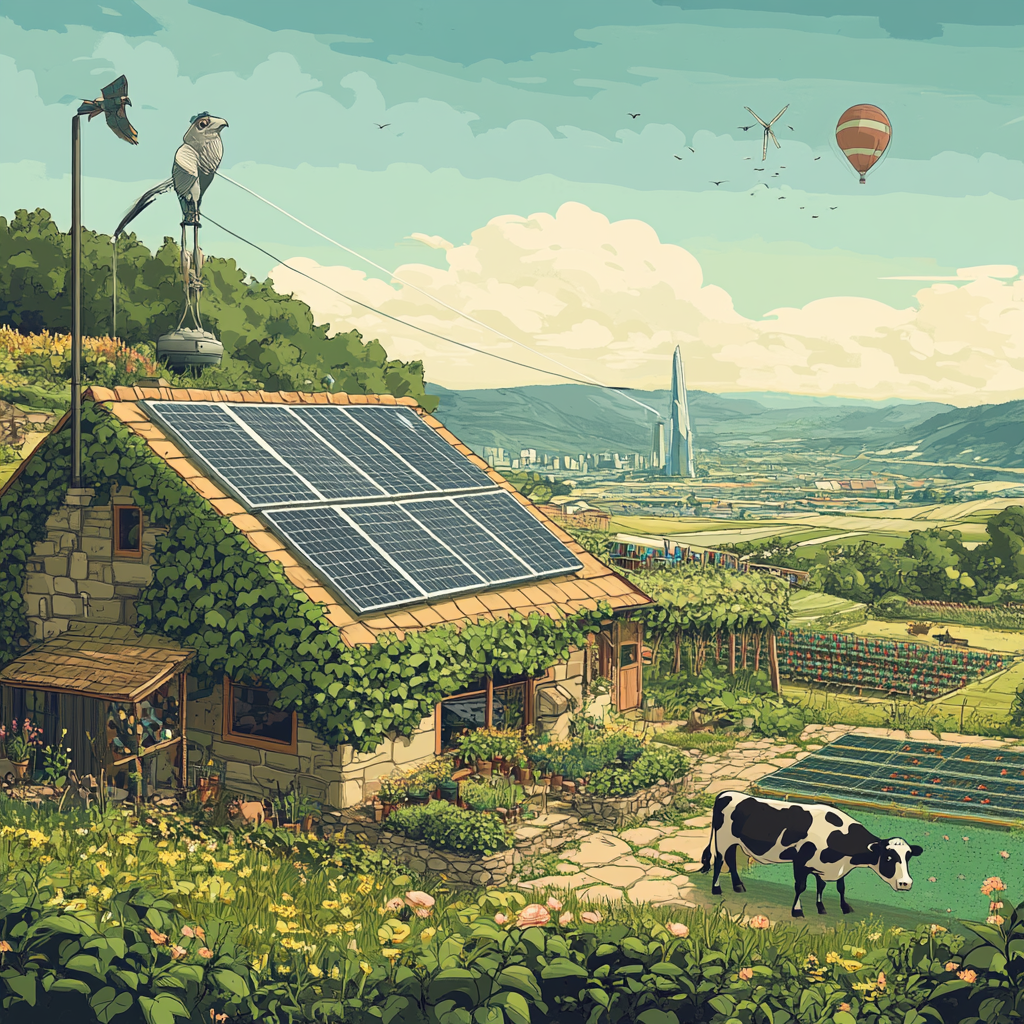 Cozy farm fields with cows and hot air balloons.