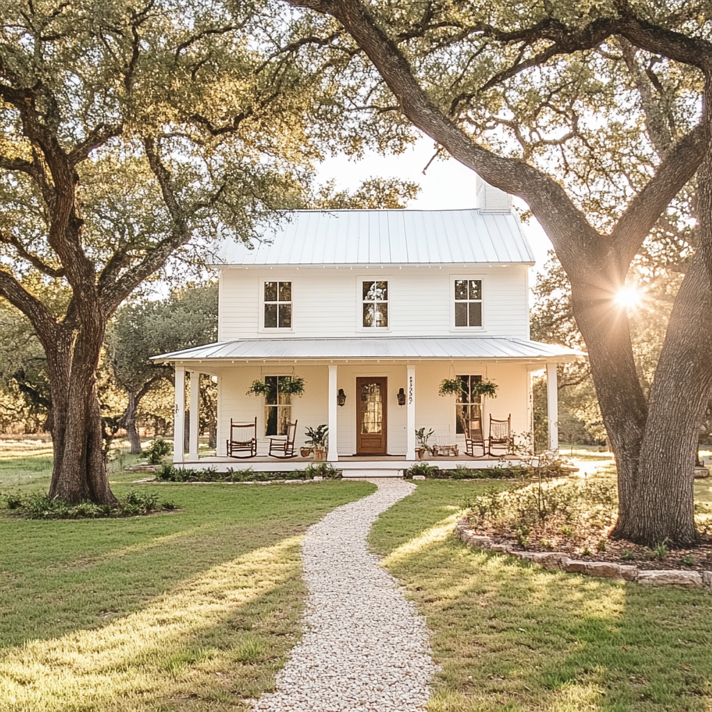 Cozy farmhouse with metal roof, tall windows, porch.