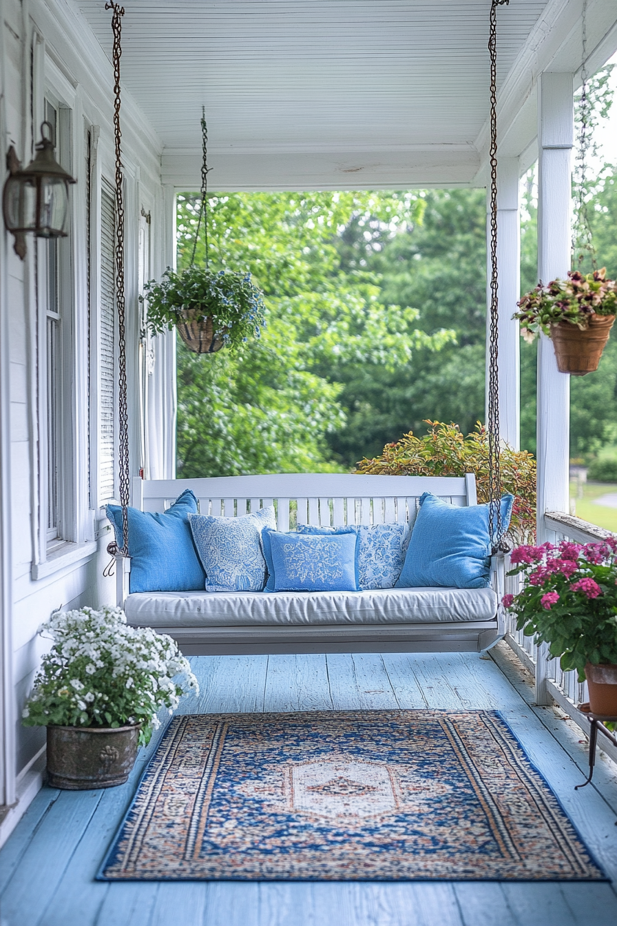 Cozy front porch swing with white cushions outdoors.