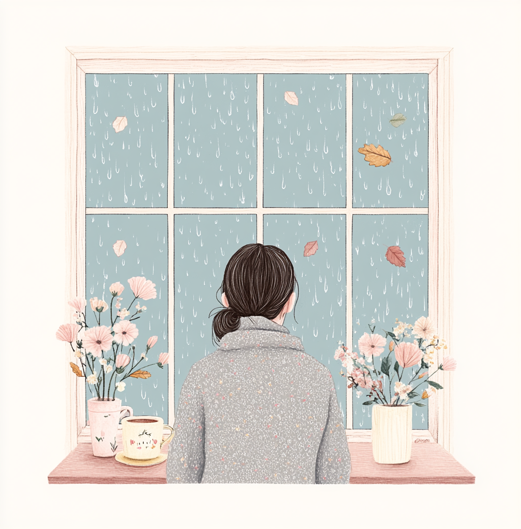 Cozy girl in pajamas drinking tea by rainy window