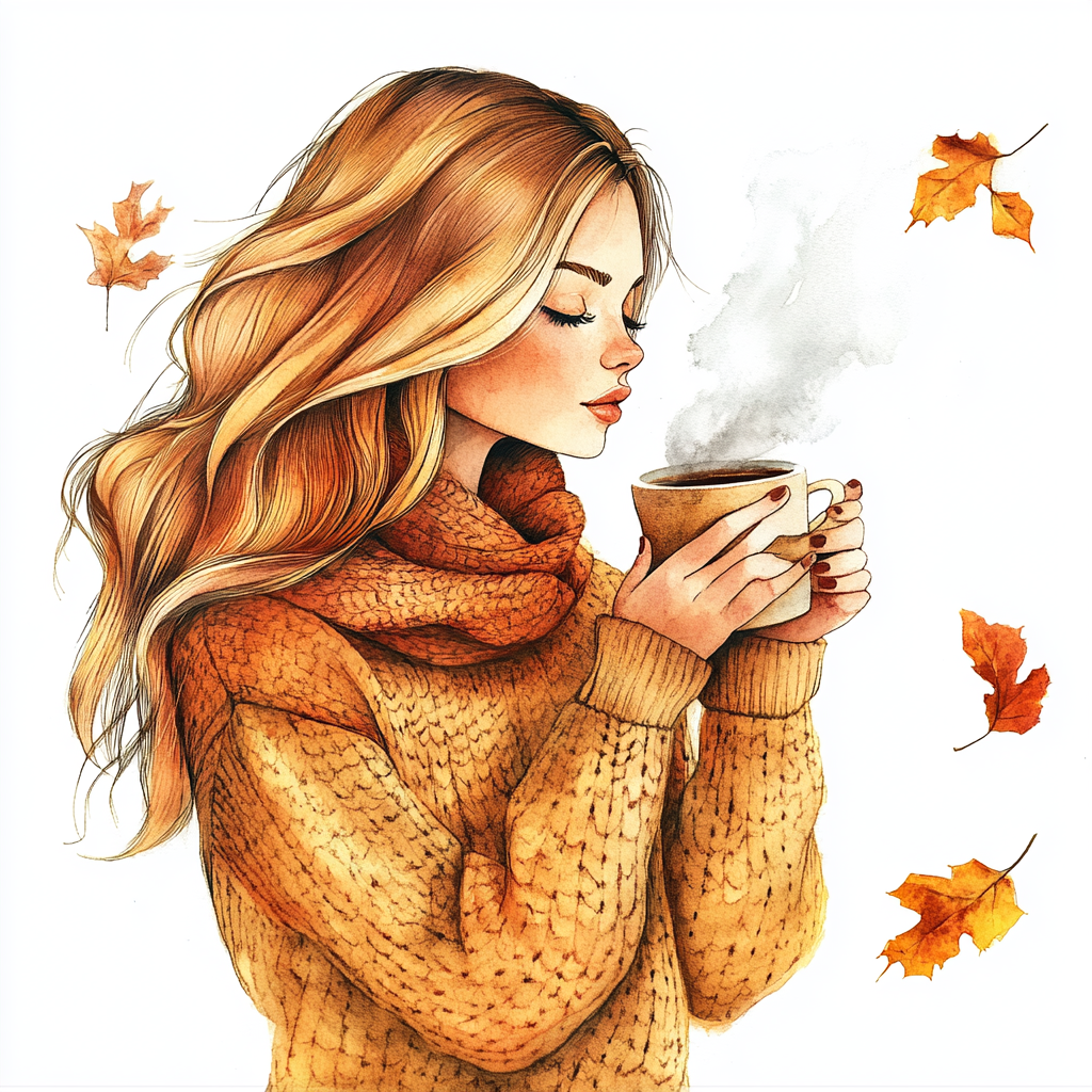 Cozy girl with coffee in fall setting painting.