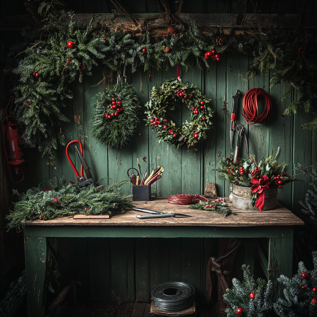 Cozy holiday wreath crafting setup with fir and holly.