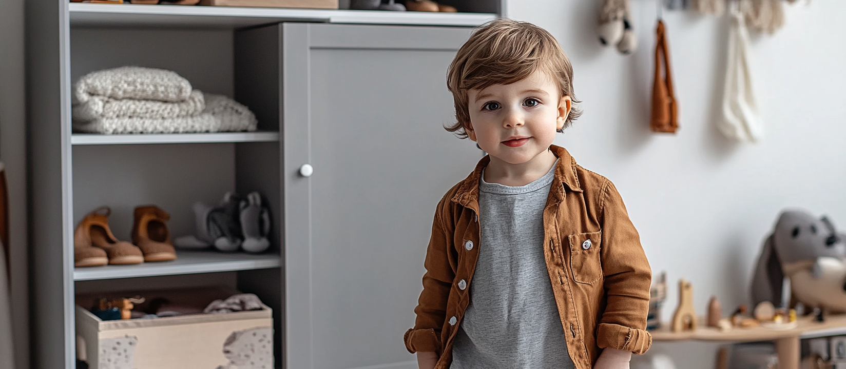 Cozy kid's fashion corner with shelves and cabinet.