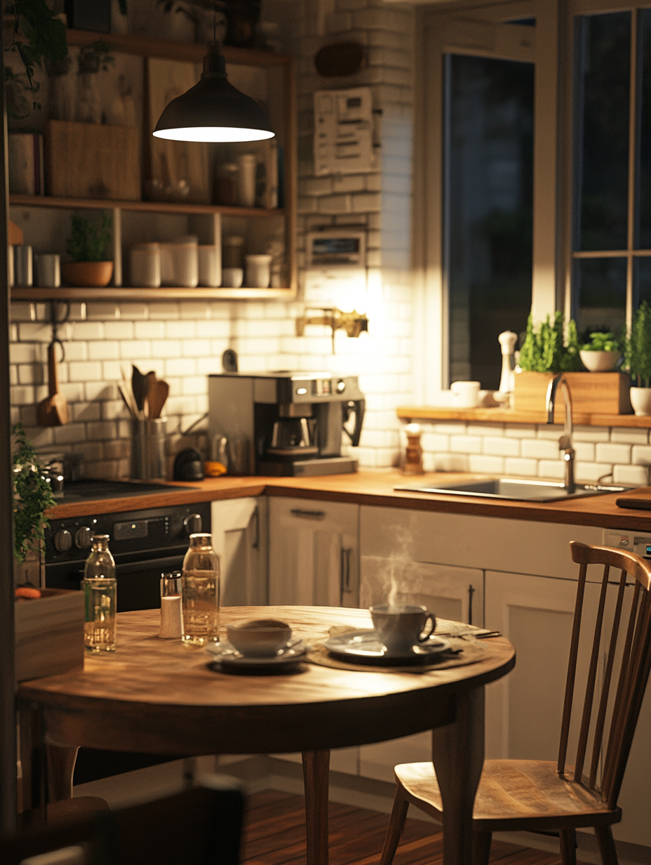 Cozy kitchen at night with dining table and plants