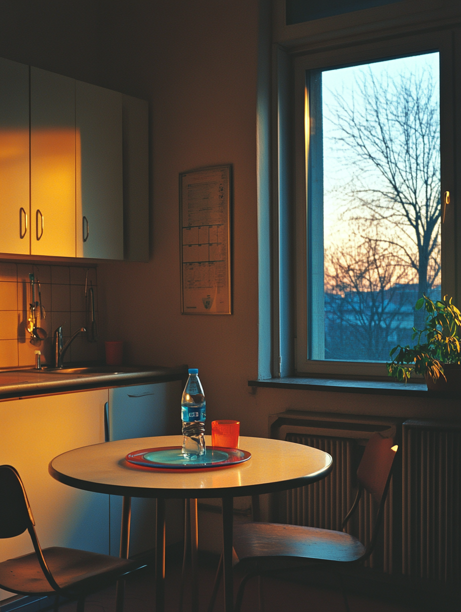 Cozy kitchen in apartment with round table at night