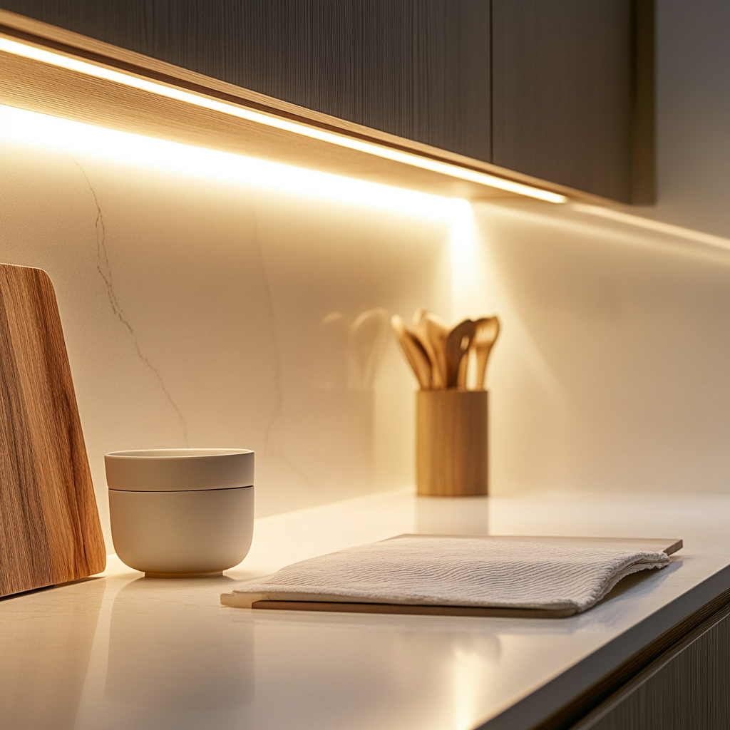 Cozy kitchen scene with white wall and wooden rack.