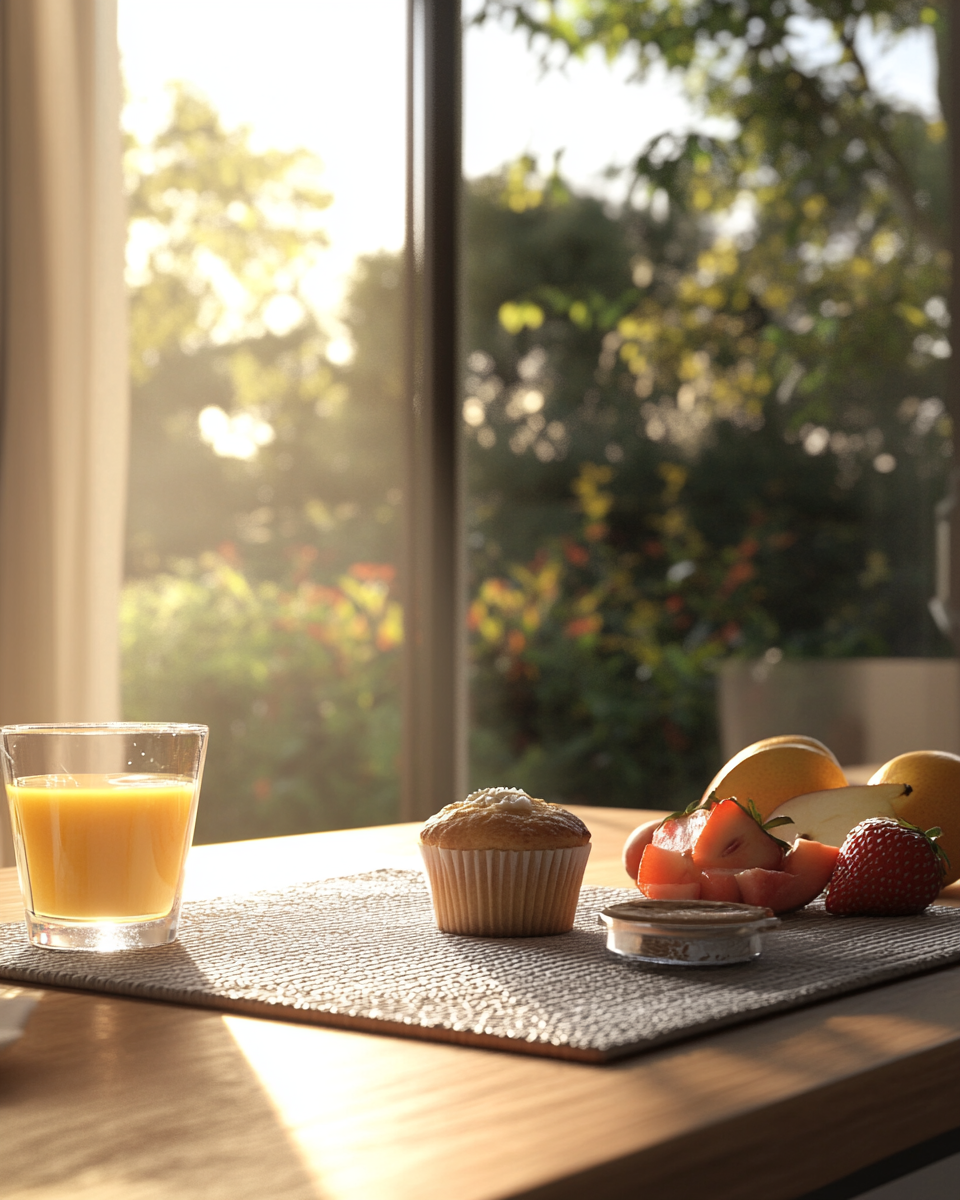 Cozy kitchen table with morning light, glass of juice.