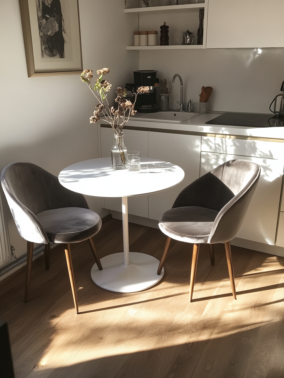 Cozy kitchen with round table and velvet chairs