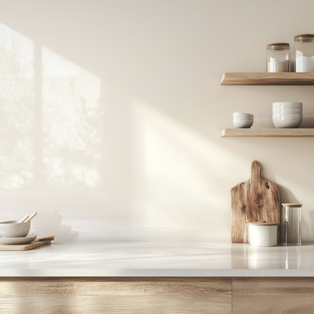 Cozy kitchen with smooth white wall, wooden shelf.