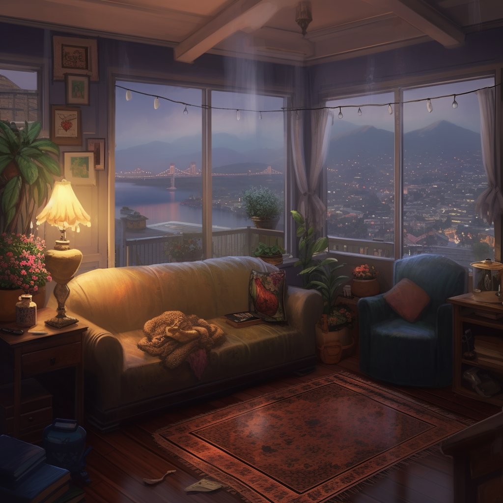 Cozy living room in rainy East Asian city scape.