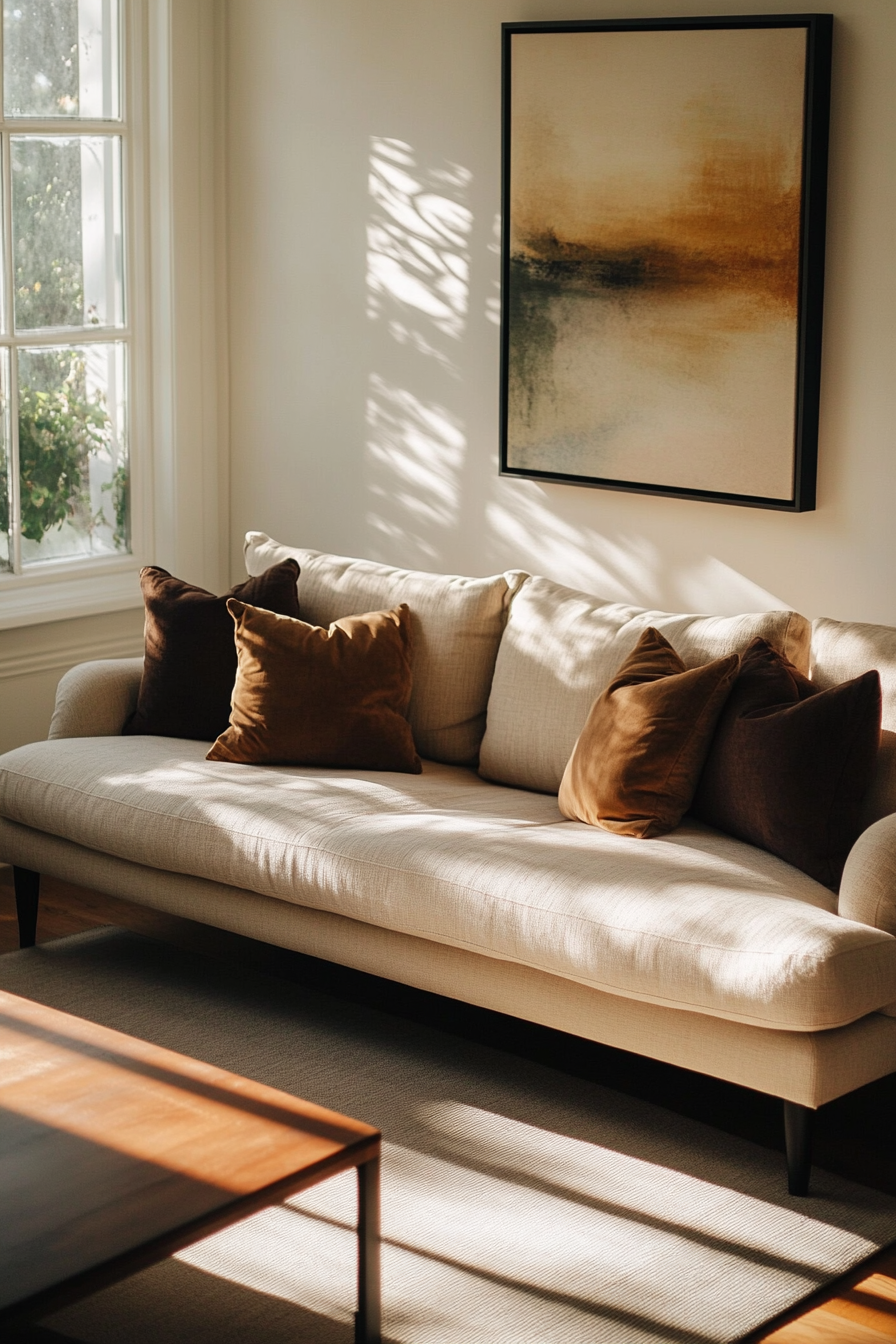 Cozy living room with beige sofa in sunlight