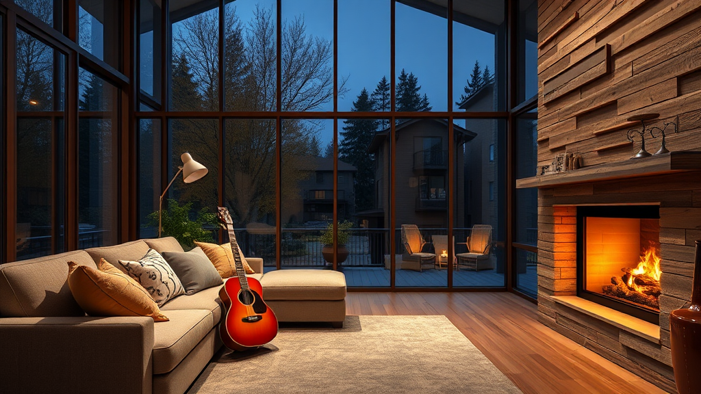 Cozy living room with fireplace, guitar, big windows.