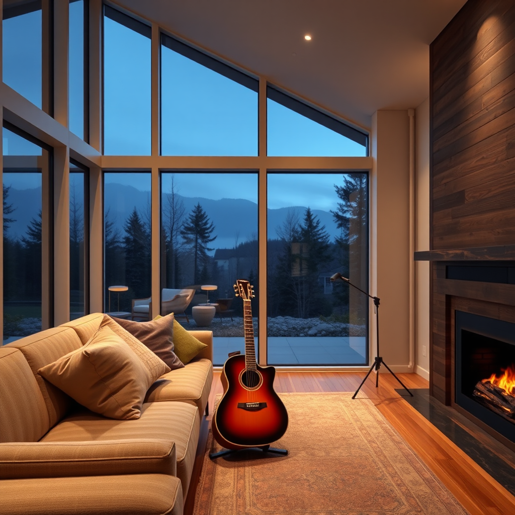 Cozy living room with fireplace, sofa, guitar at night.