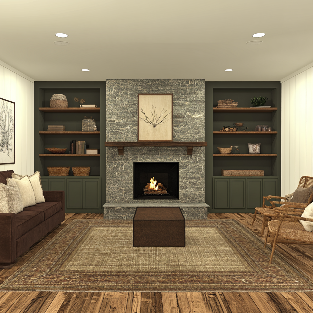 Cozy living room with fireplace, stone walls, green accents.