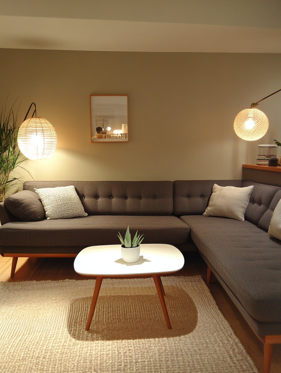 Cozy living room with large sofa and table