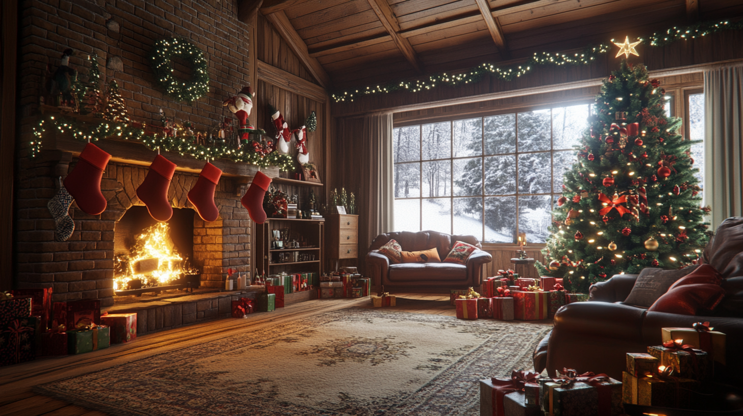 Cozy living room with lit fireplace and Christmas decorations.