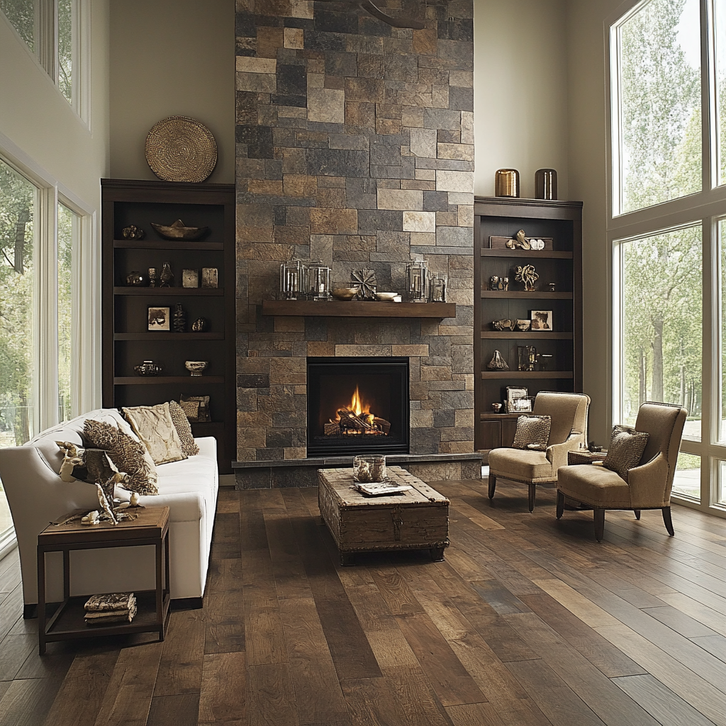 Cozy living room with stone fireplace and dark shelves.