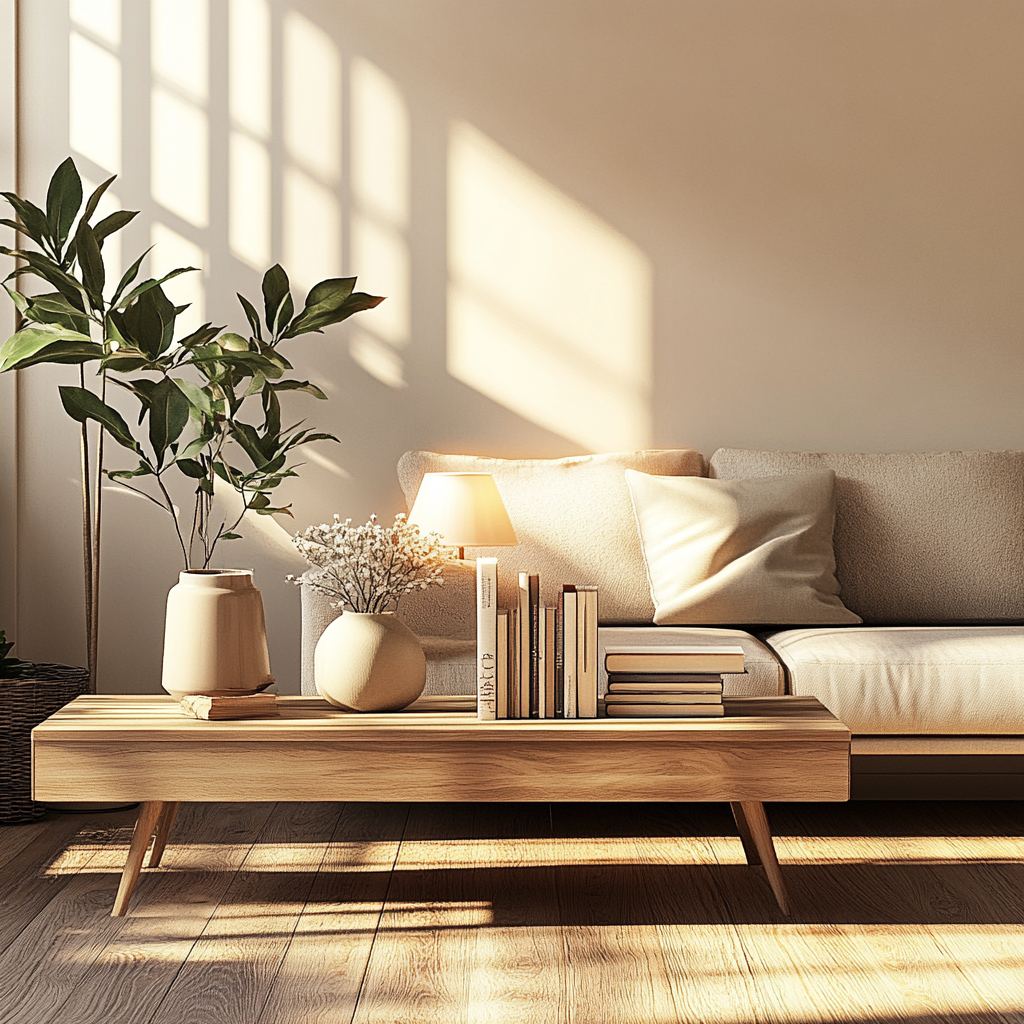 Cozy living room with stylish wooden sofa table.