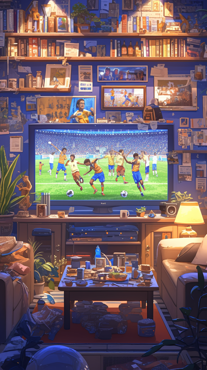 Cozy living room with vintage TV showing Club América soccer manga.